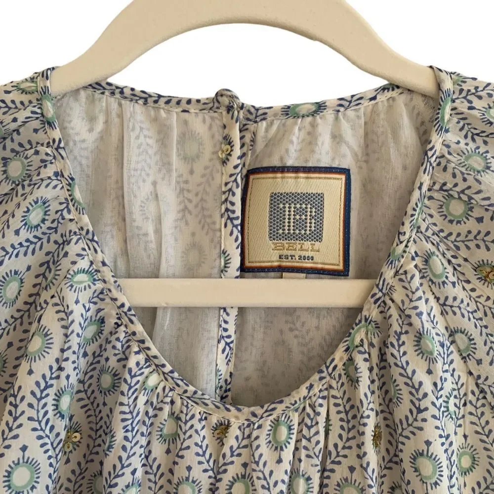 Boho Mini Dress Blue Green Print Sz M - Picture 6 of 11